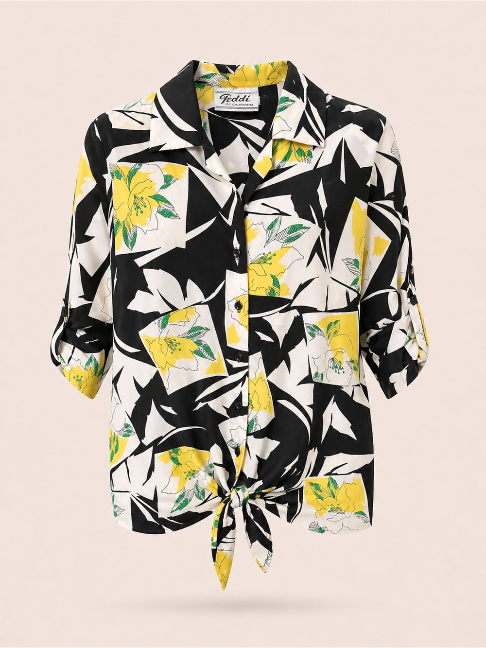Vintage Teddi California Floral Blouse Tie Front Black White Yellow Resort Boho